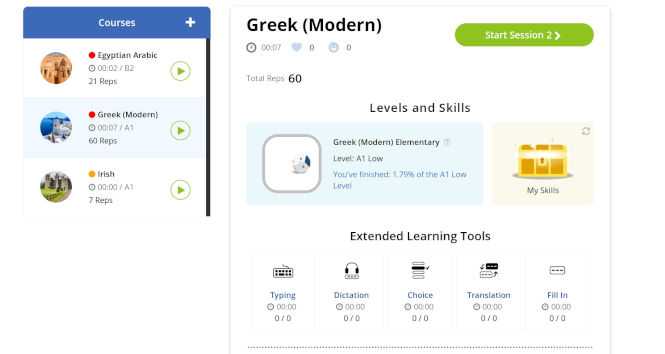 Glossika language learning dashboard